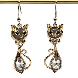 Shiny Gold Tone Reticulated Cat Dangle Earrings with Faceted Crystals 2" Long